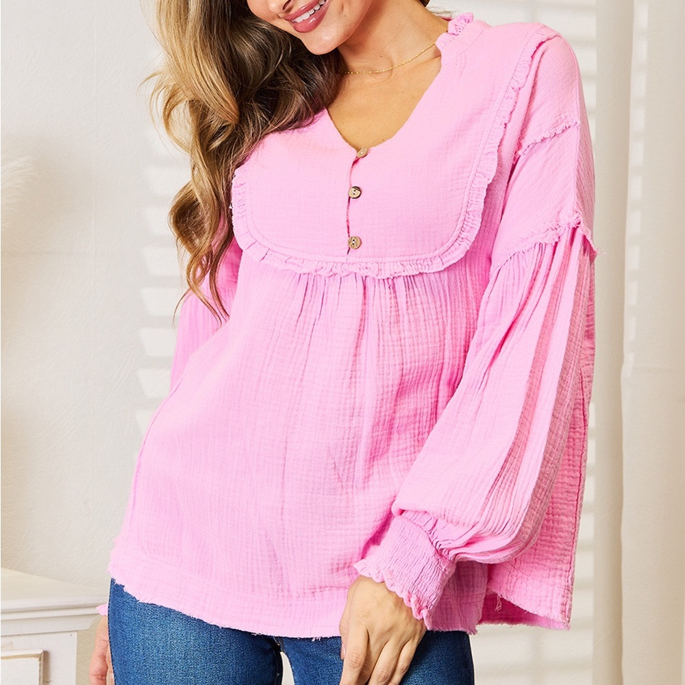 NEW Double Take Pink Prairiecore Western Woven Exposed Seam Button Neck Blouse